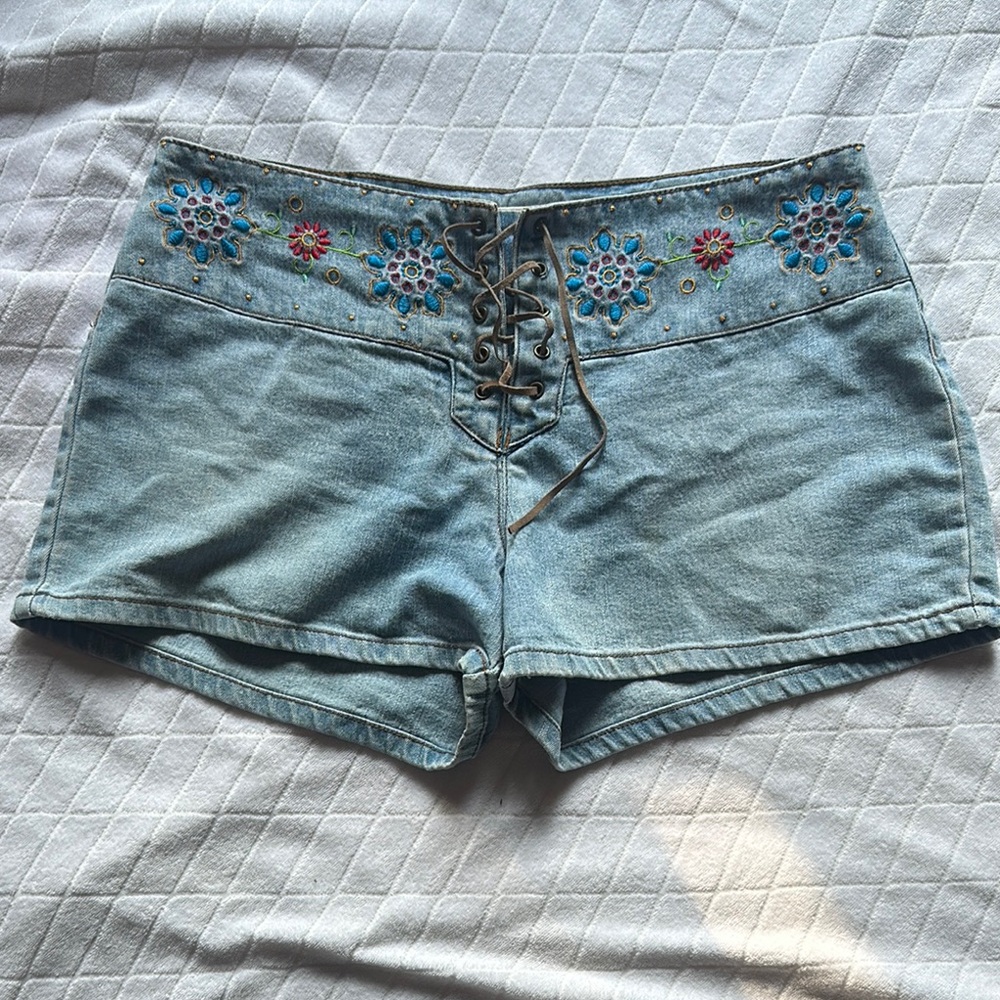 Embroidered Denim Lace-Up Women's Shorts
